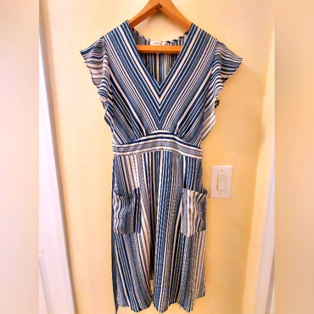 Vintage Flutter Sleeve Striped Belted Dress with Pockets